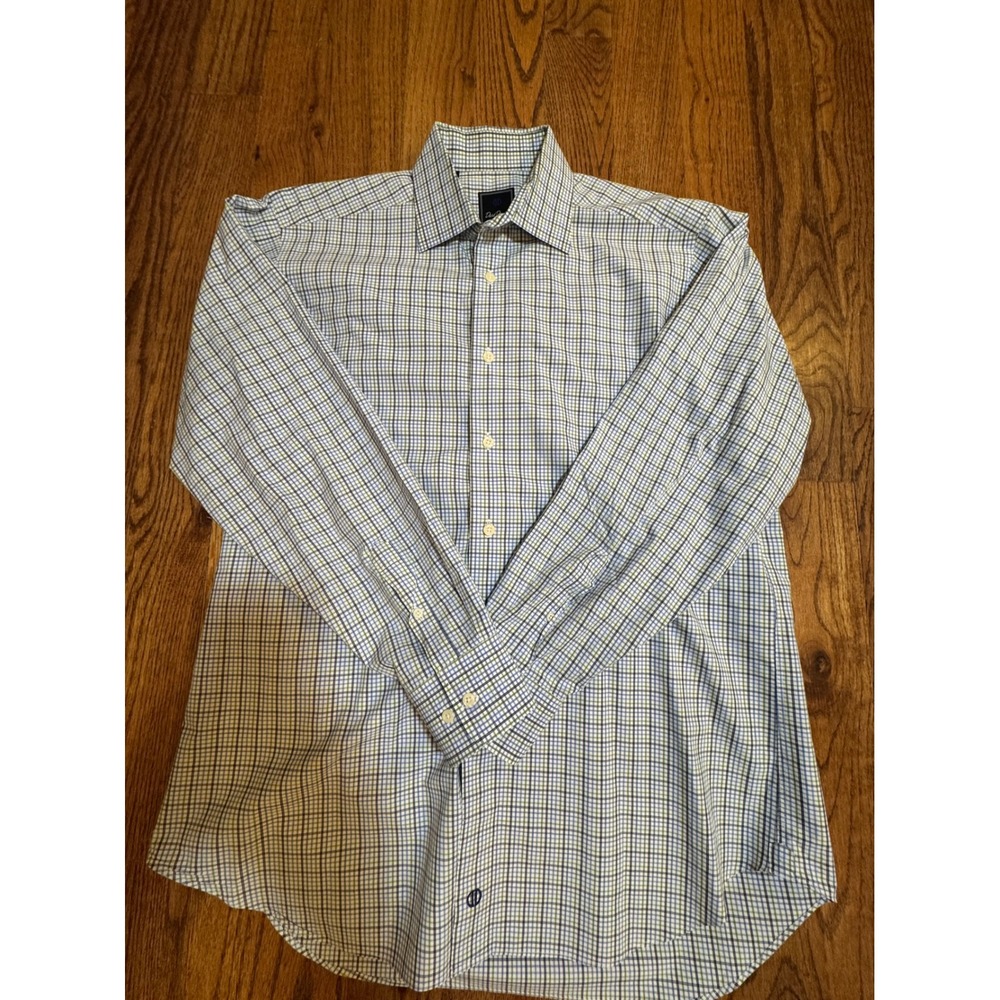 David Donahue Mens Blue Green Plaid Dress Shirt 16.5 34/35 Cotton Spread Collar